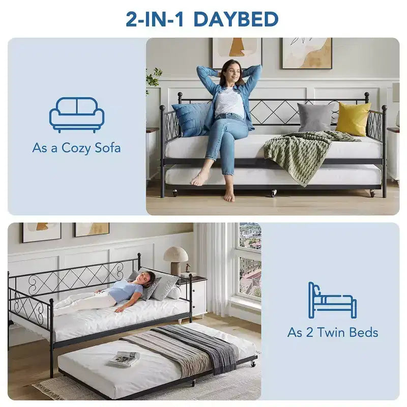 Twin Metal Daybed with Trundle – Space-Saving Sofa Bed for Bedroom and Living Room