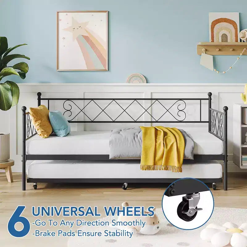 Twin Metal Daybed with Trundle – Space-Saving Sofa Bed for Bedroom and Living Room