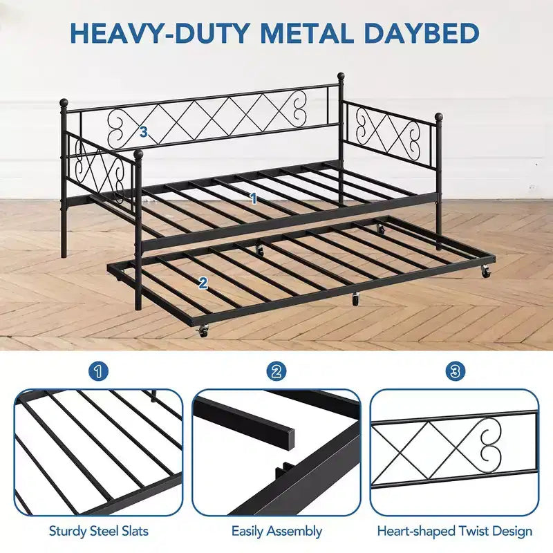 Twin Metal Daybed with Trundle – Space-Saving Sofa Bed for Bedroom and Living Room
