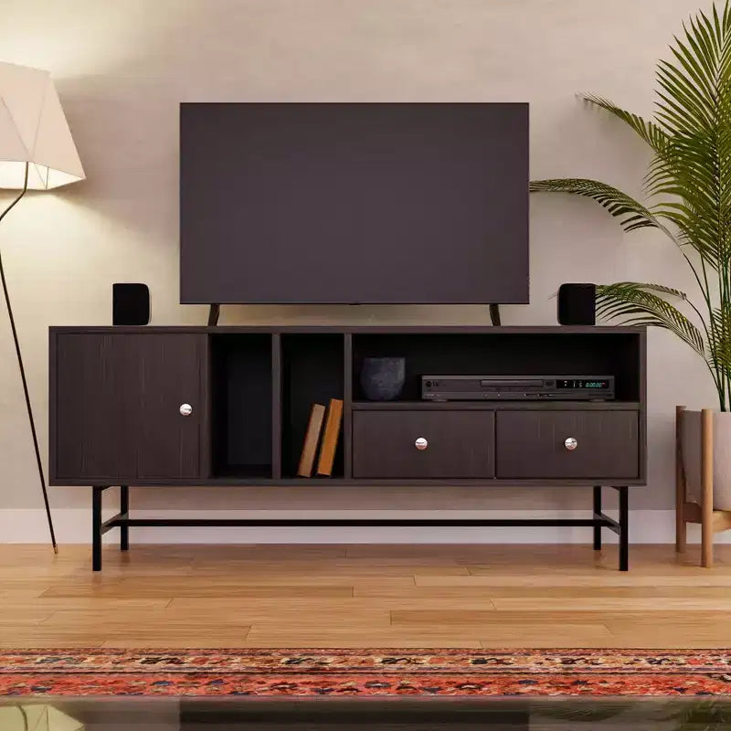 Mid-Century Modern TV Stand with MDF Frame, Enclosed Storage and Black Iron Legs