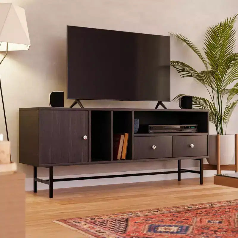 Mid-Century Modern TV Stand with MDF Frame, Enclosed Storage and Black Iron Legs
