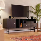 Meuble TV moderne du milieu du siècle avec cadre en MDF, rangement fermé et pieds en fer noir