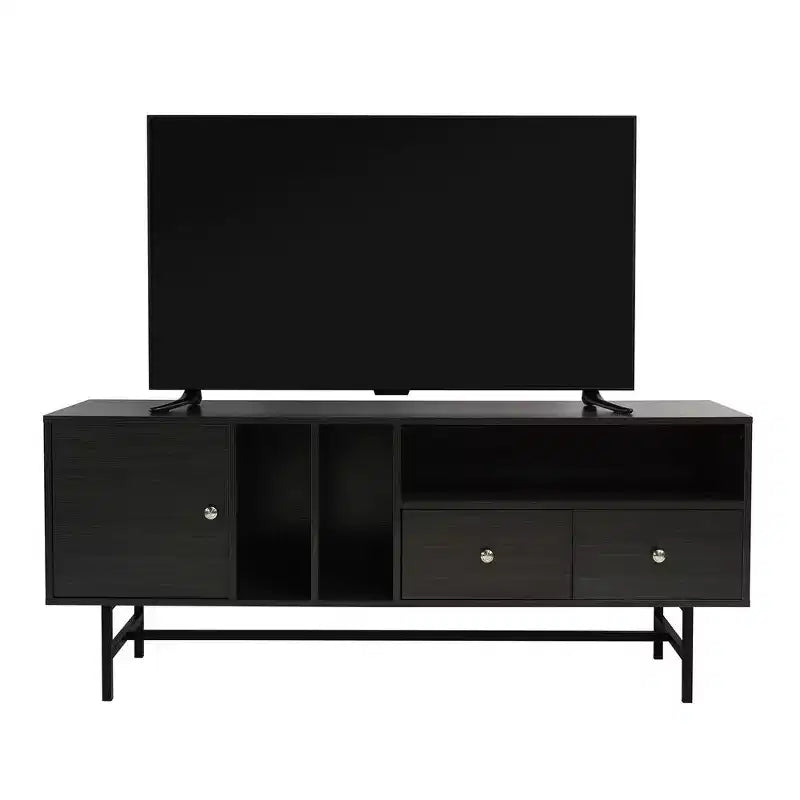 Mid-Century Modern TV Stand with MDF Frame, Enclosed Storage and Black Iron Legs