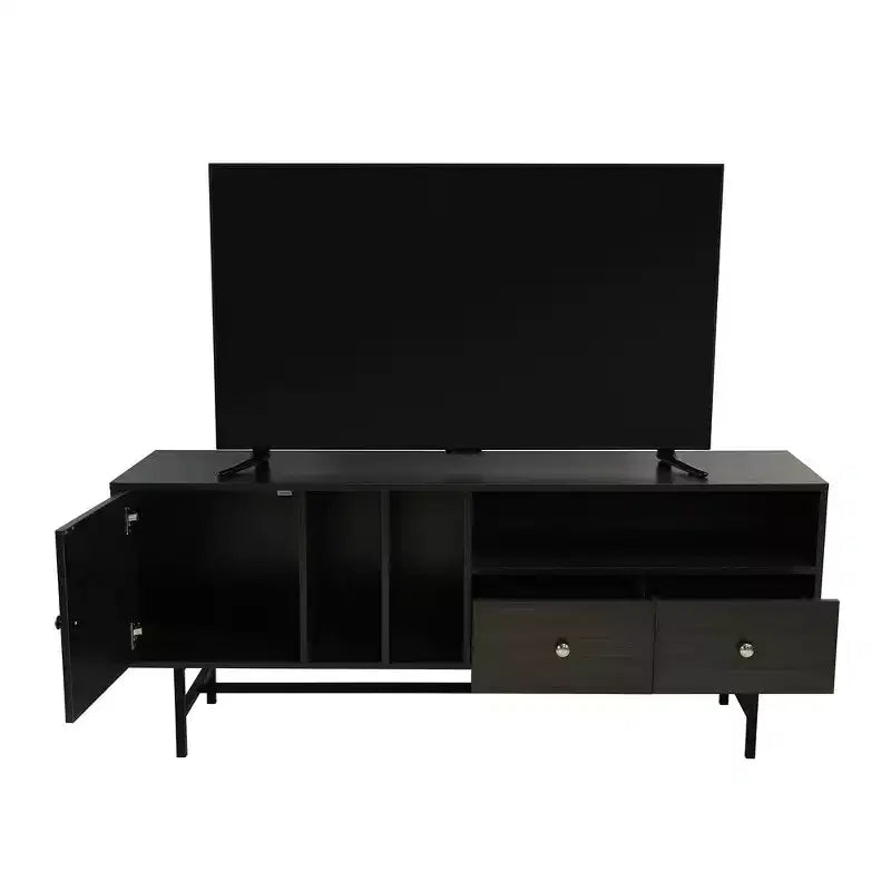 Mid-Century Modern TV Stand with MDF Frame, Enclosed Storage and Black Iron Legs