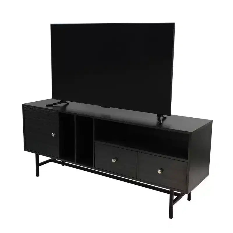 Mid-Century Modern TV Stand with MDF Frame, Enclosed Storage and Black Iron Legs