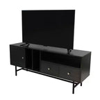 Meuble TV moderne du milieu du siècle avec cadre en MDF, rangement fermé et pieds en fer noir