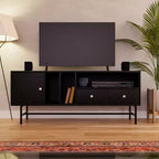 Meuble TV moderne du milieu du siècle avec cadre en MDF, rangement fermé et pieds en fer noir