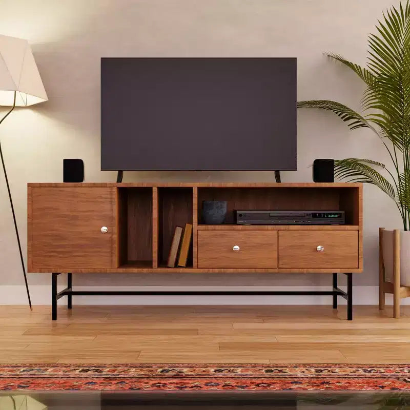 Mid-Century Modern TV Stand with MDF Frame, Enclosed Storage and Black Iron Legs