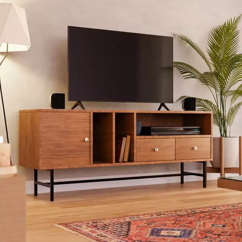 Mid-Century Modern TV Stand with MDF Frame, Enclosed Storage and Black Iron Legs