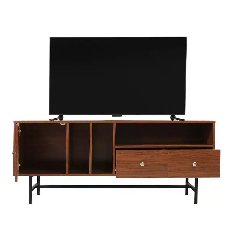 Mid-Century Modern TV Stand with MDF Frame, Enclosed Storage and Black Iron Legs