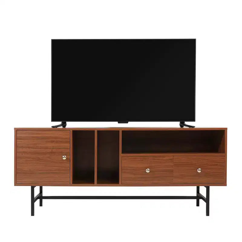 Mid-Century Modern TV Stand with MDF Frame, Enclosed Storage and Black Iron Legs