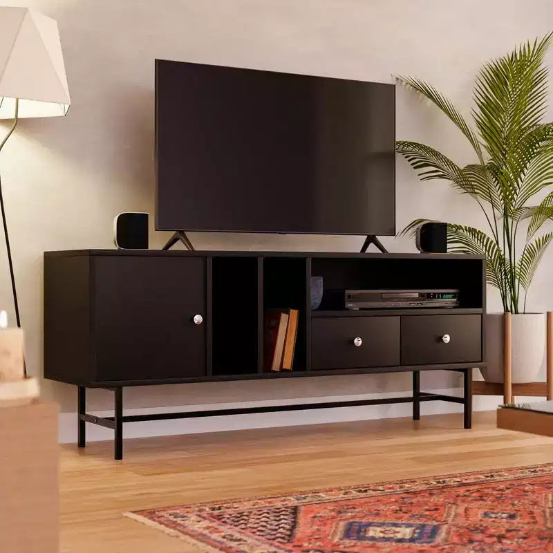 Mid-Century Modern TV Stand with MDF Frame, Enclosed Storage and Black Iron Legs