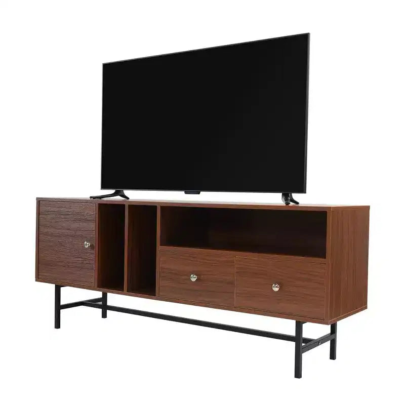 Mid-Century Modern TV Stand with MDF Frame, Enclosed Storage and Black Iron Legs