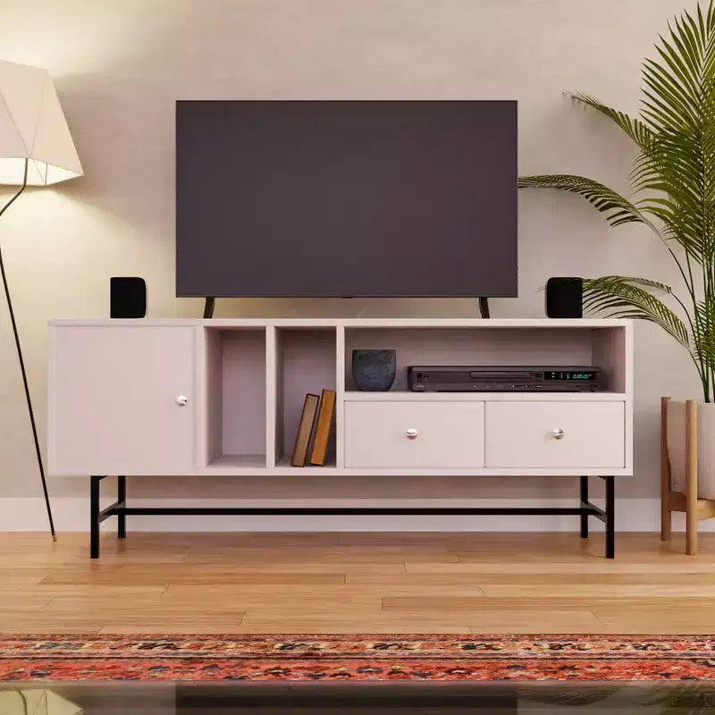 Mid-Century Modern TV Stand with MDF Frame, Enclosed Storage and Black Iron Legs