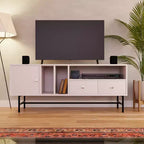 Meuble TV moderne du milieu du siècle avec cadre en MDF, rangement fermé et pieds en fer noir