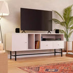 Meuble TV moderne du milieu du siècle avec cadre en MDF, rangement fermé et pieds en fer noir