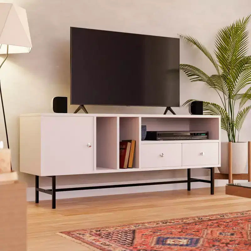 Mid-Century Modern TV Stand with MDF Frame, Enclosed Storage and Black Iron Legs