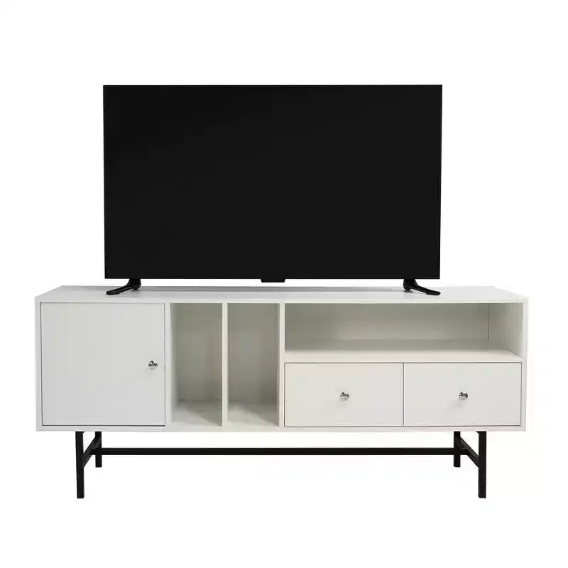 Mid-Century Modern TV Stand with MDF Frame, Enclosed Storage and Black Iron Legs