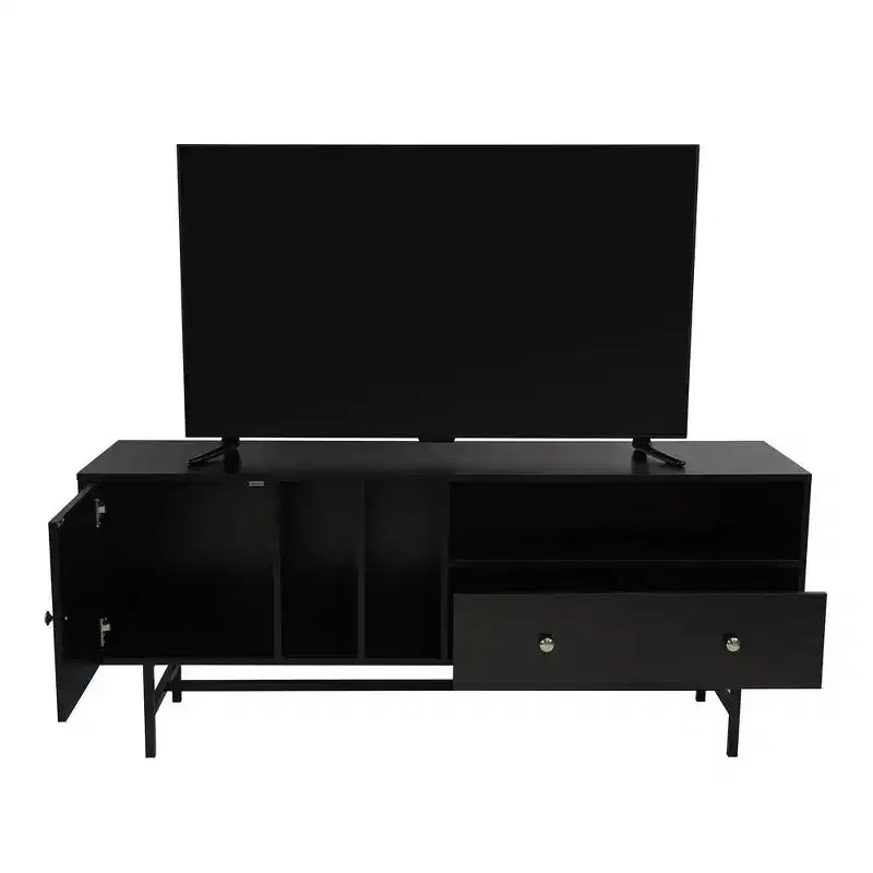 Mid-Century Modern TV Stand with MDF Frame, Enclosed Storage and Black Iron Legs
