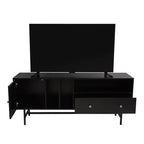 Meuble TV moderne du milieu du siècle avec cadre en MDF, rangement fermé et pieds en fer noir