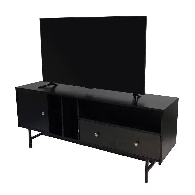 Mid-Century Modern TV Stand with MDF Frame, Enclosed Storage and Black Iron Legs