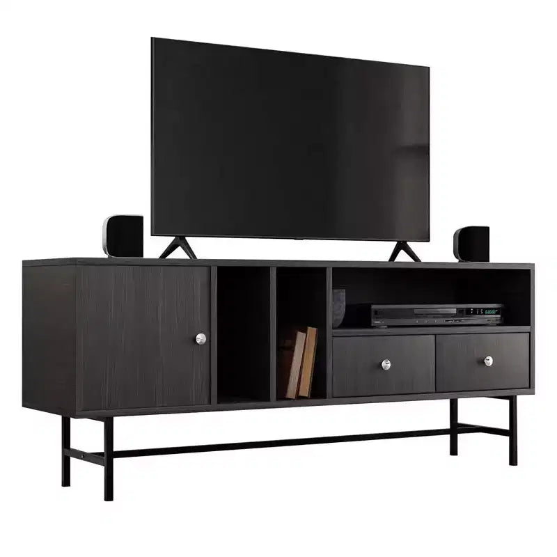 Mid-Century Modern TV Stand with MDF Frame, Enclosed Storage and Black Iron Legs