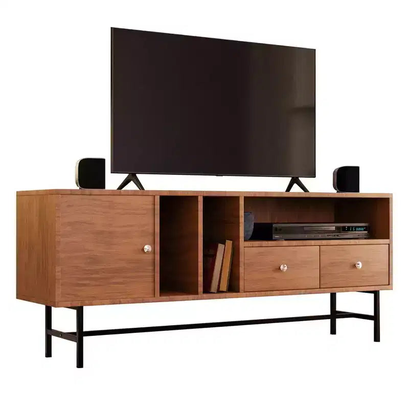 Mid-Century Modern TV Stand with MDF Frame, Enclosed Storage and Black Iron Legs