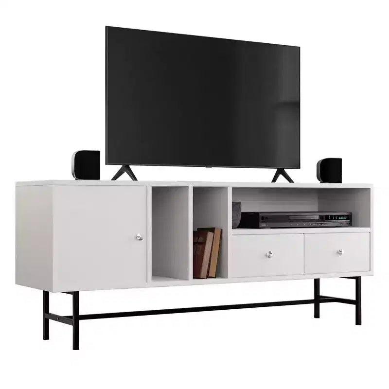 Mid-Century Modern TV Stand with MDF Frame, Enclosed Storage and Black Iron Legs