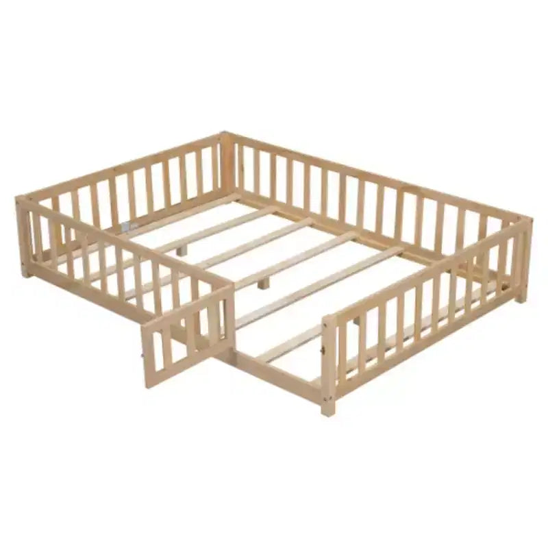 Full Size Floor Platform Bed with Fence and Door