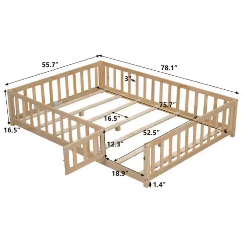 Full Size Floor Platform Bed with Fence and Door
